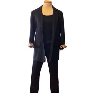 Zara Long Blazer Belted with Leopard Print Lining, Black, XS